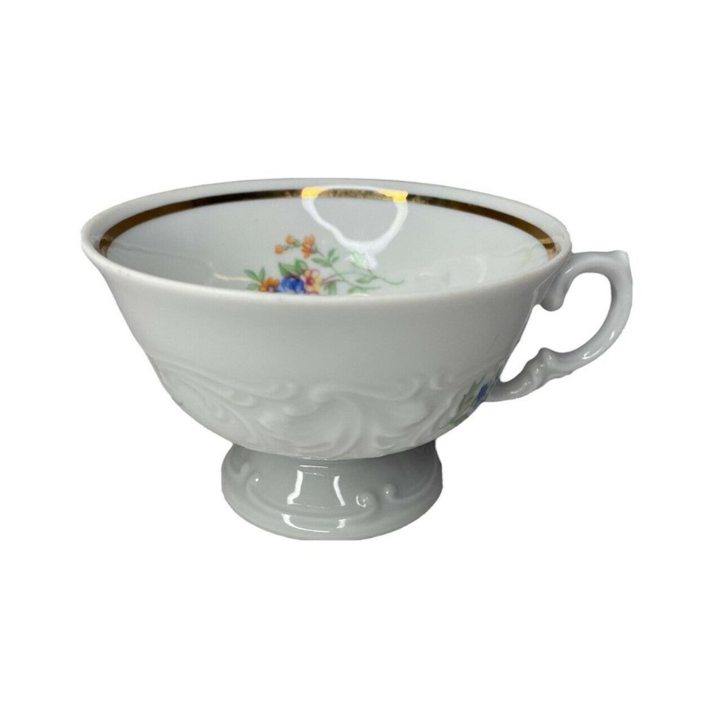 Unmarked Footed China Teacup Only  - Embossed White Floral Gold Trim